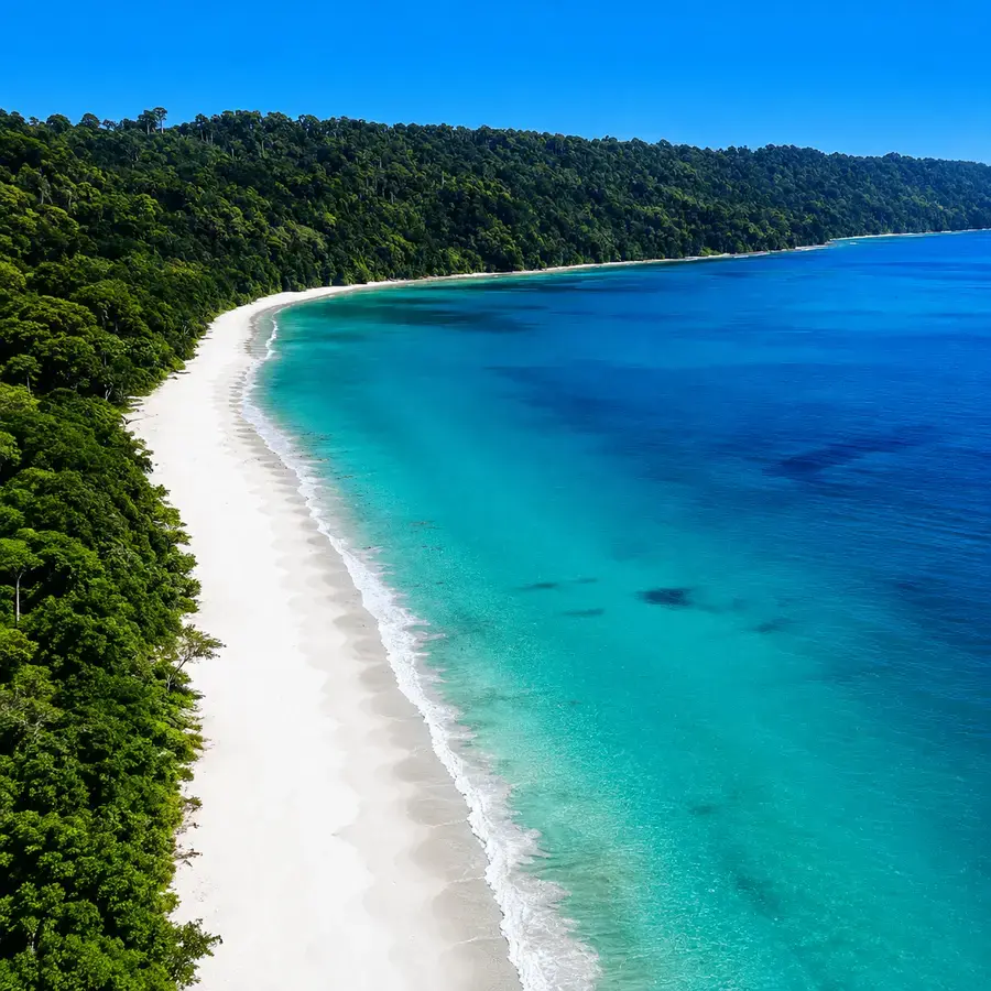 Aerial view of Radhanagar Beach's coastline, Swaraj Dweep (Havelock)