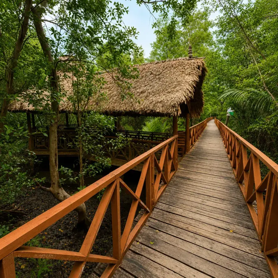 Mangrove boardwalk and thatched-roof rest hut, Rangat