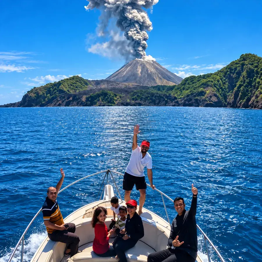 A cruise closing in for a view of the eruption, Barren Island