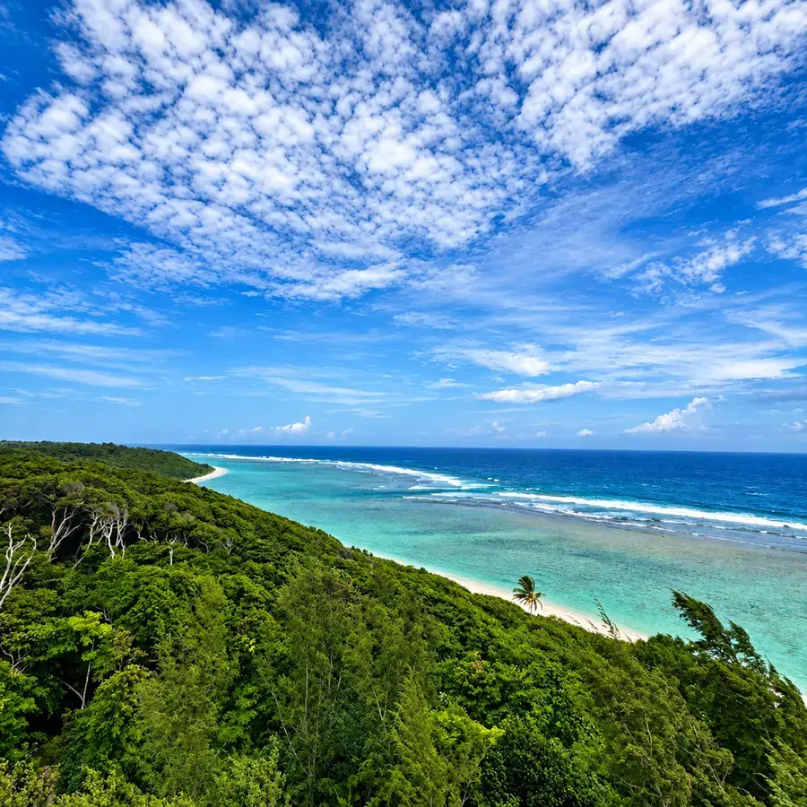Aerial view of the reef-lined coastline, Little Andaman